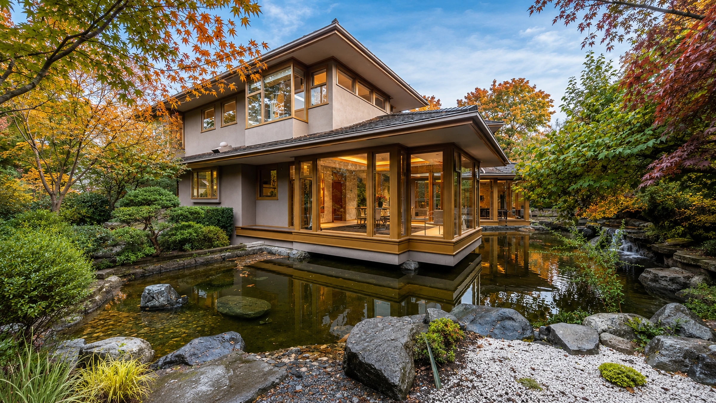 Contemporary residence beside a reflective pond in autumn