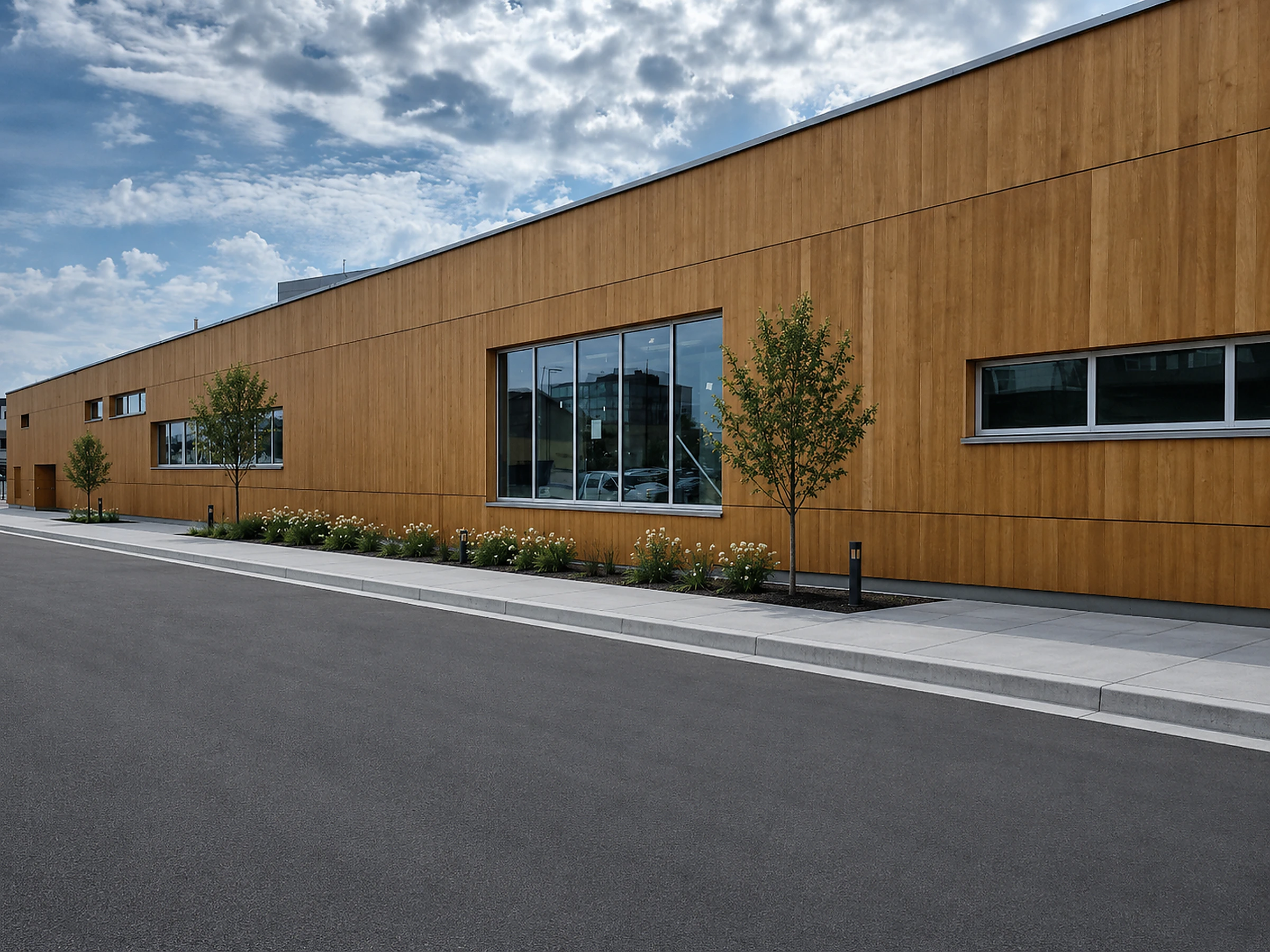 Wide street view of commercial wood cladding